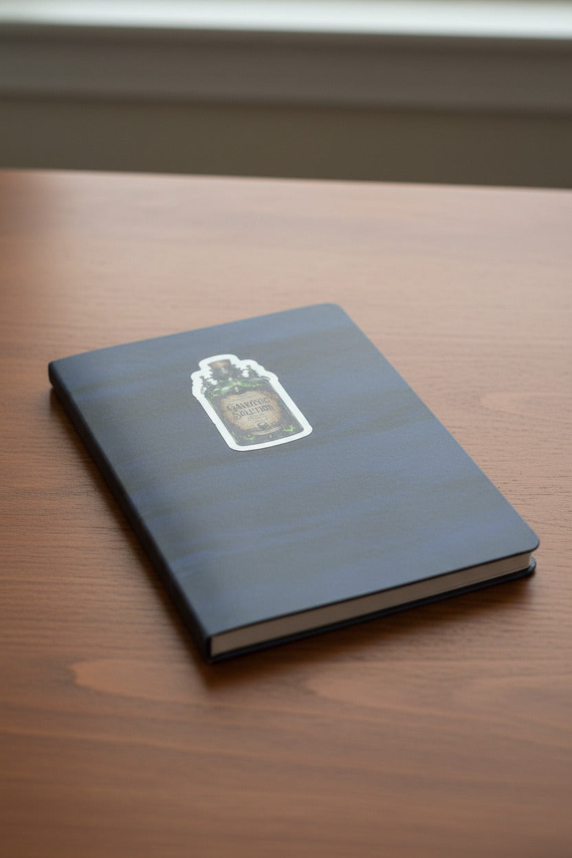 Blue notebook with a sticker on a wooden surface