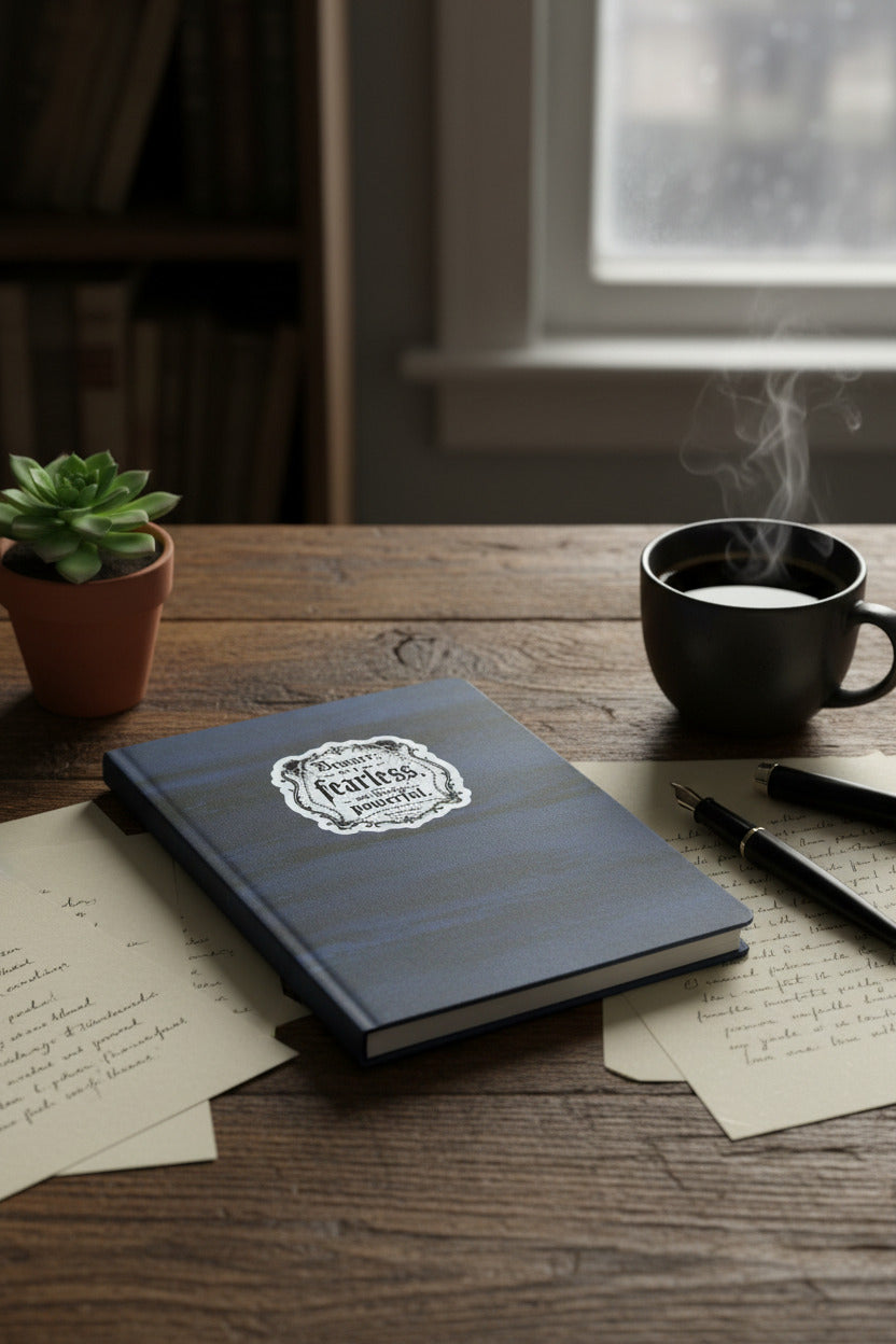 Black notebook on a wooden table with a steaming cup of coffee and a plant in the background