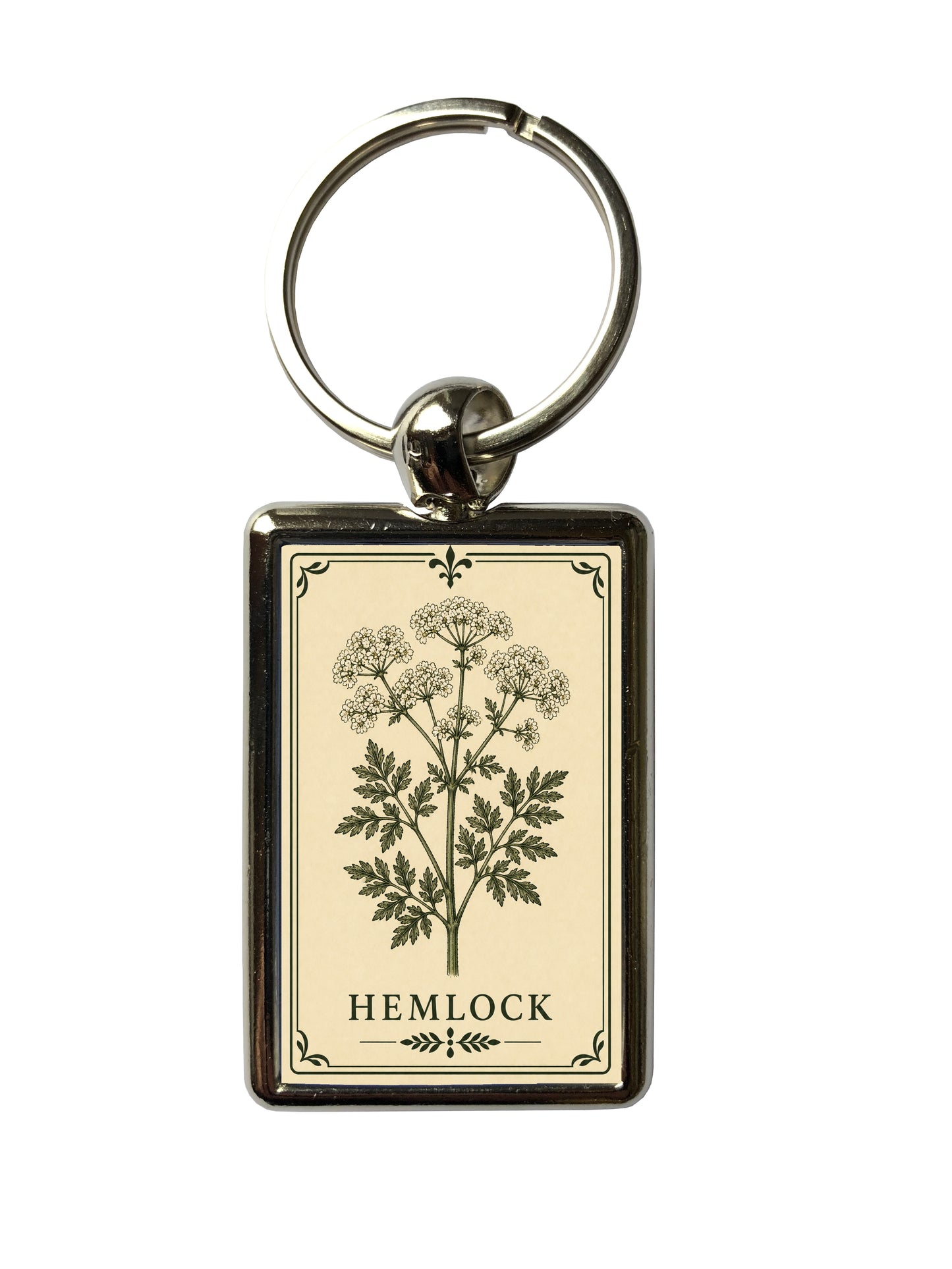 Keychain with botanical design of hemlock plant on a beige background