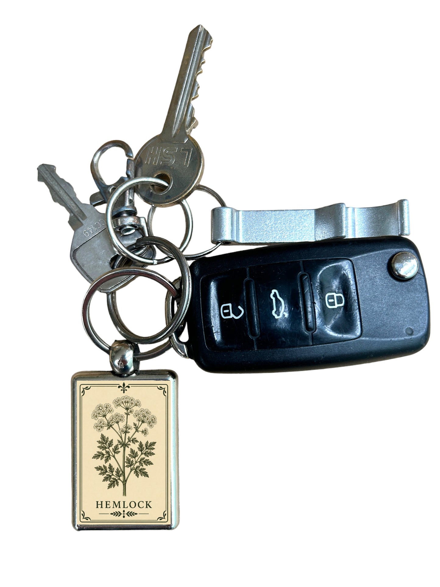 Keychain with keys and a car key fob on a white background
