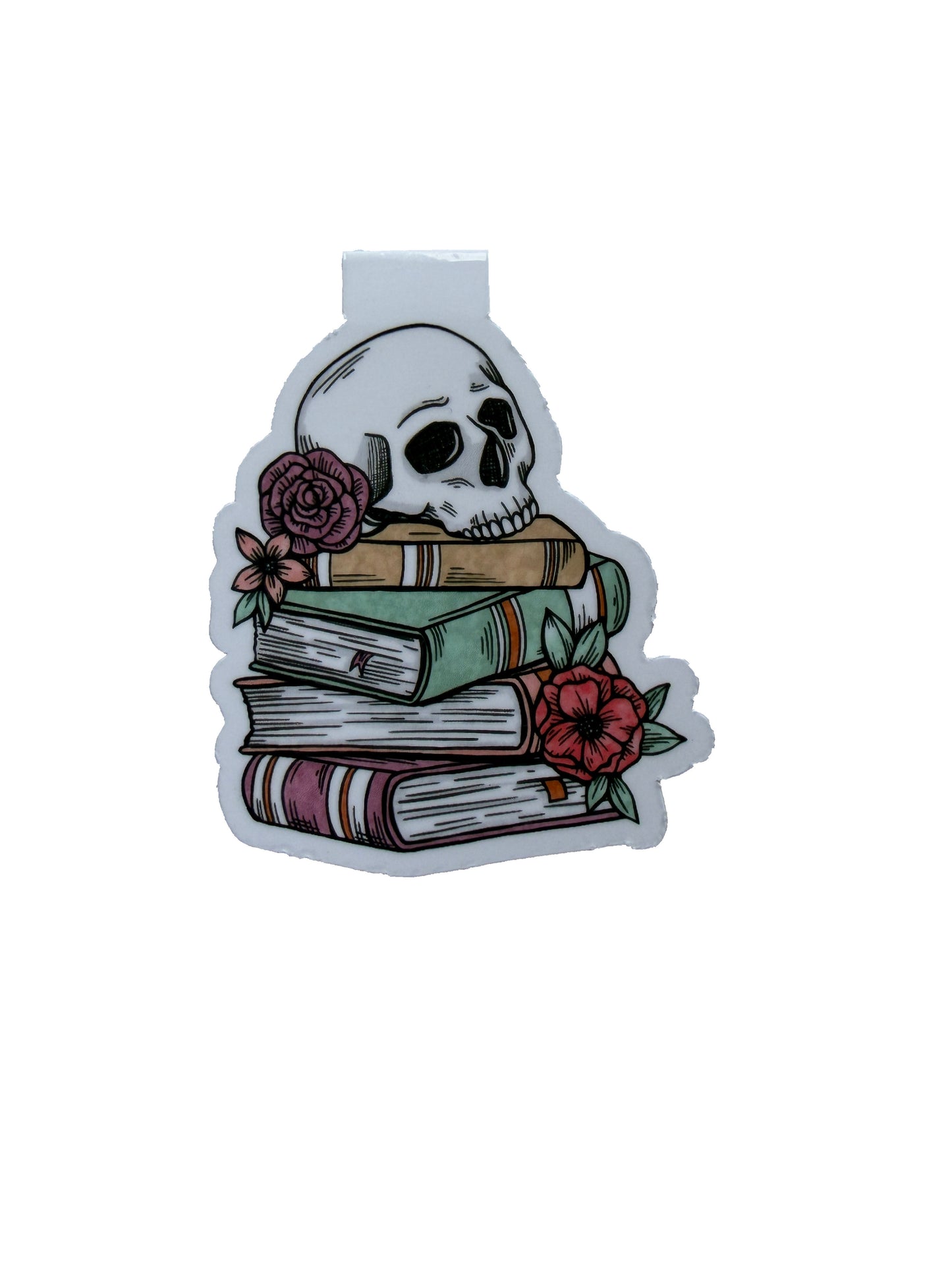 Sticker with a skull on top of books and flowers on a white background