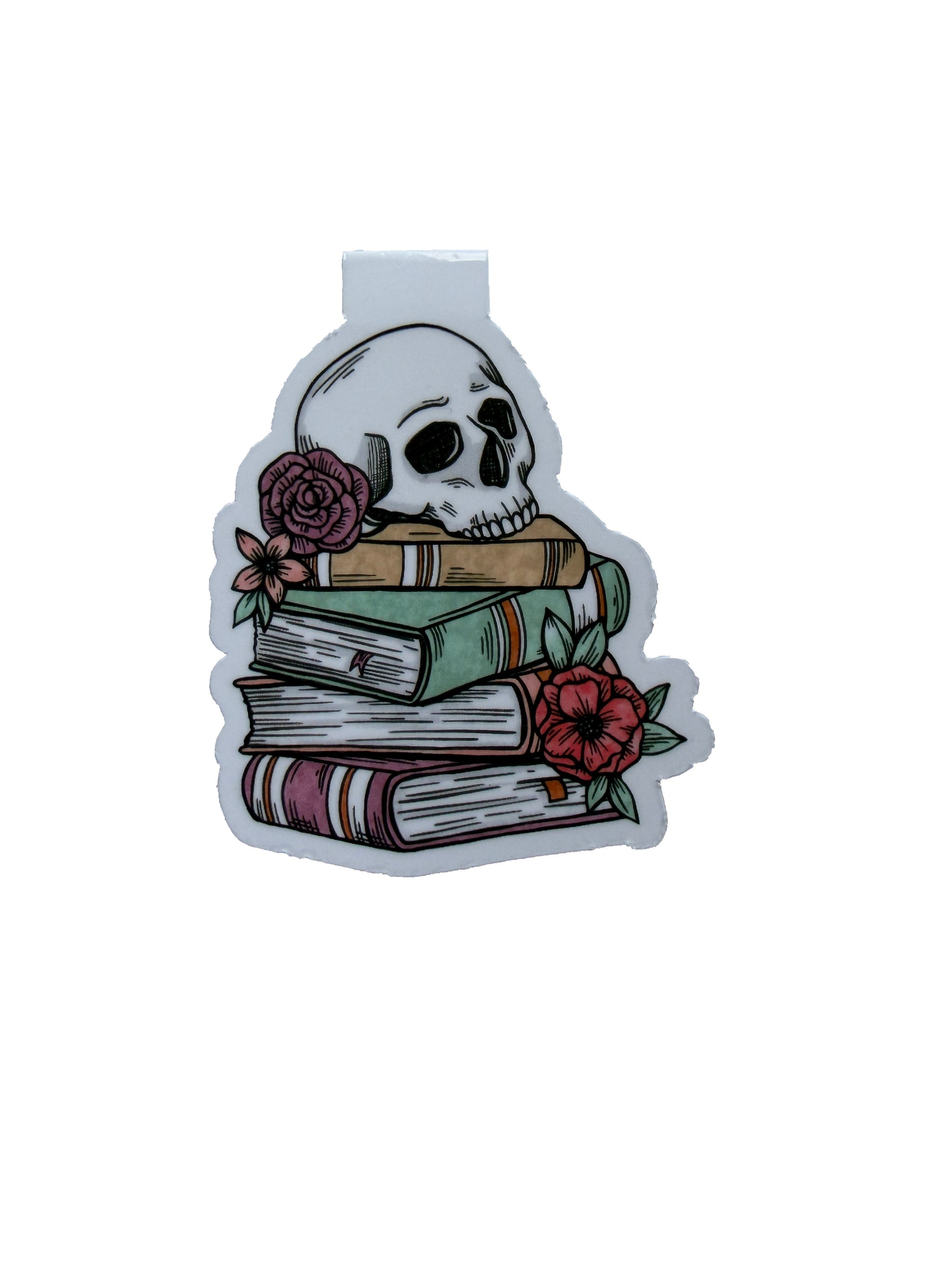 Sticker with a skull on top of books and flowers on a white background