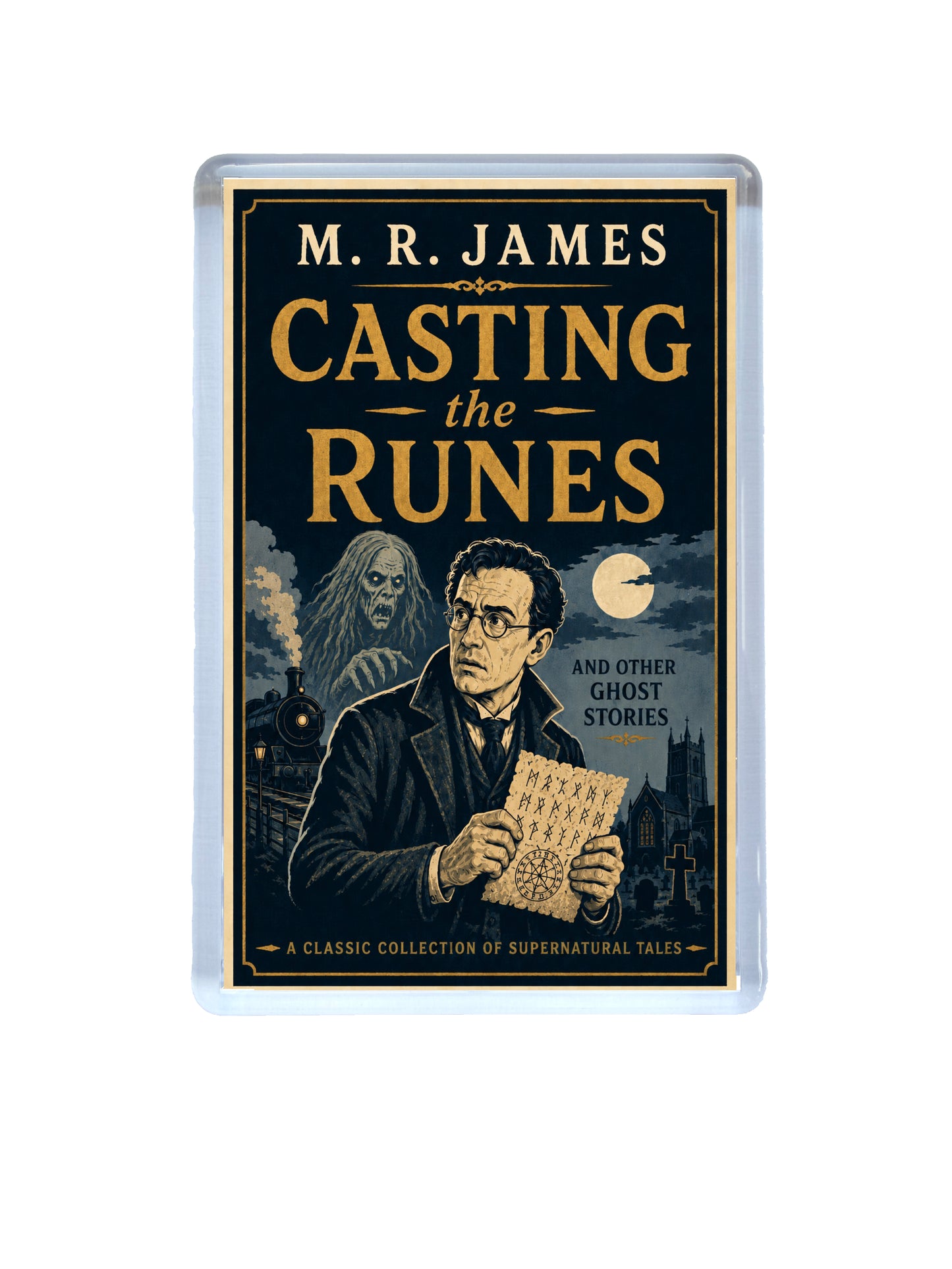 Book cover of 'Casting the Runes' by M.R. James with a man holding runes and ghostly figures in the background.