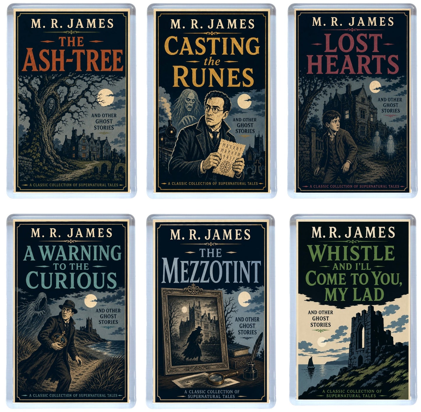 Set of six book covers by M.R. James with dark, atmospheric illustrations.
