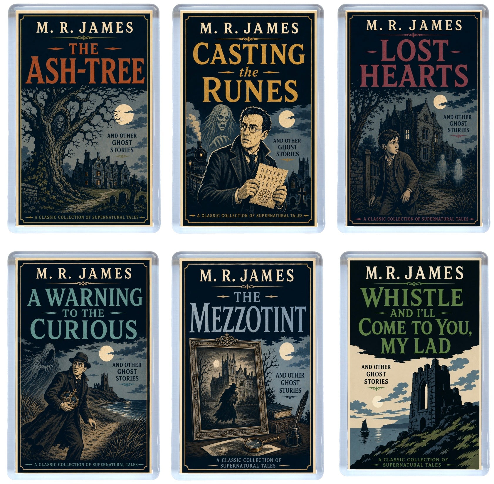 Set of six book covers by M.R. James with dark, atmospheric illustrations.