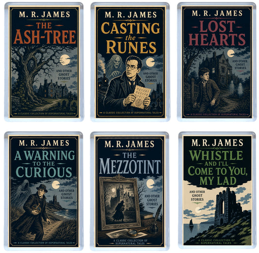 Set of six book covers by M.R. James with dark, atmospheric illustrations.