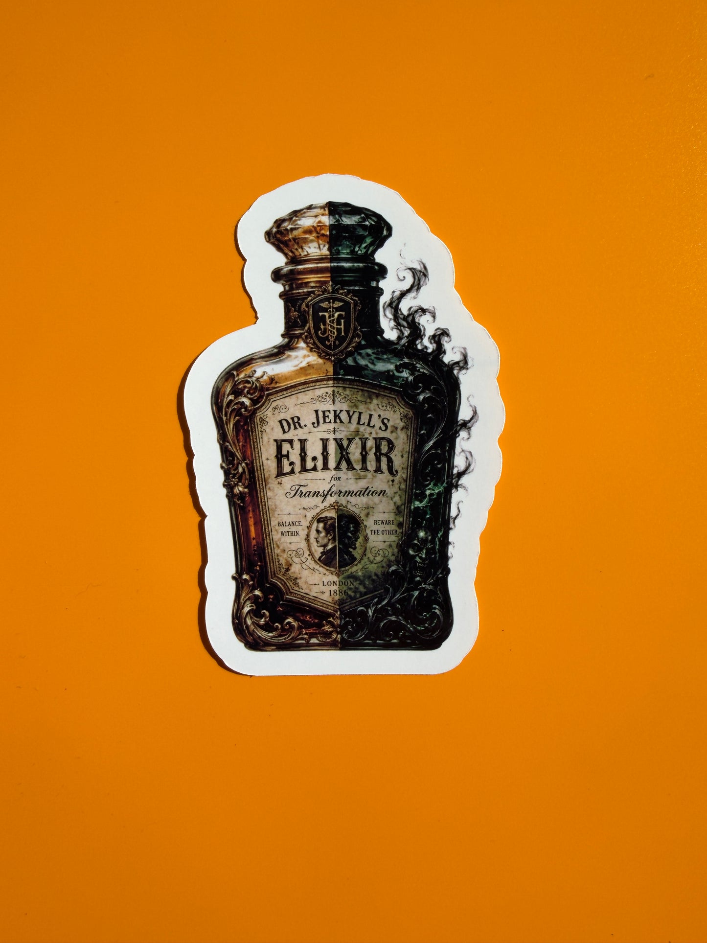 Sticker of a bottle labeled 'Dr. Jekyll's Elixir' on an orange background