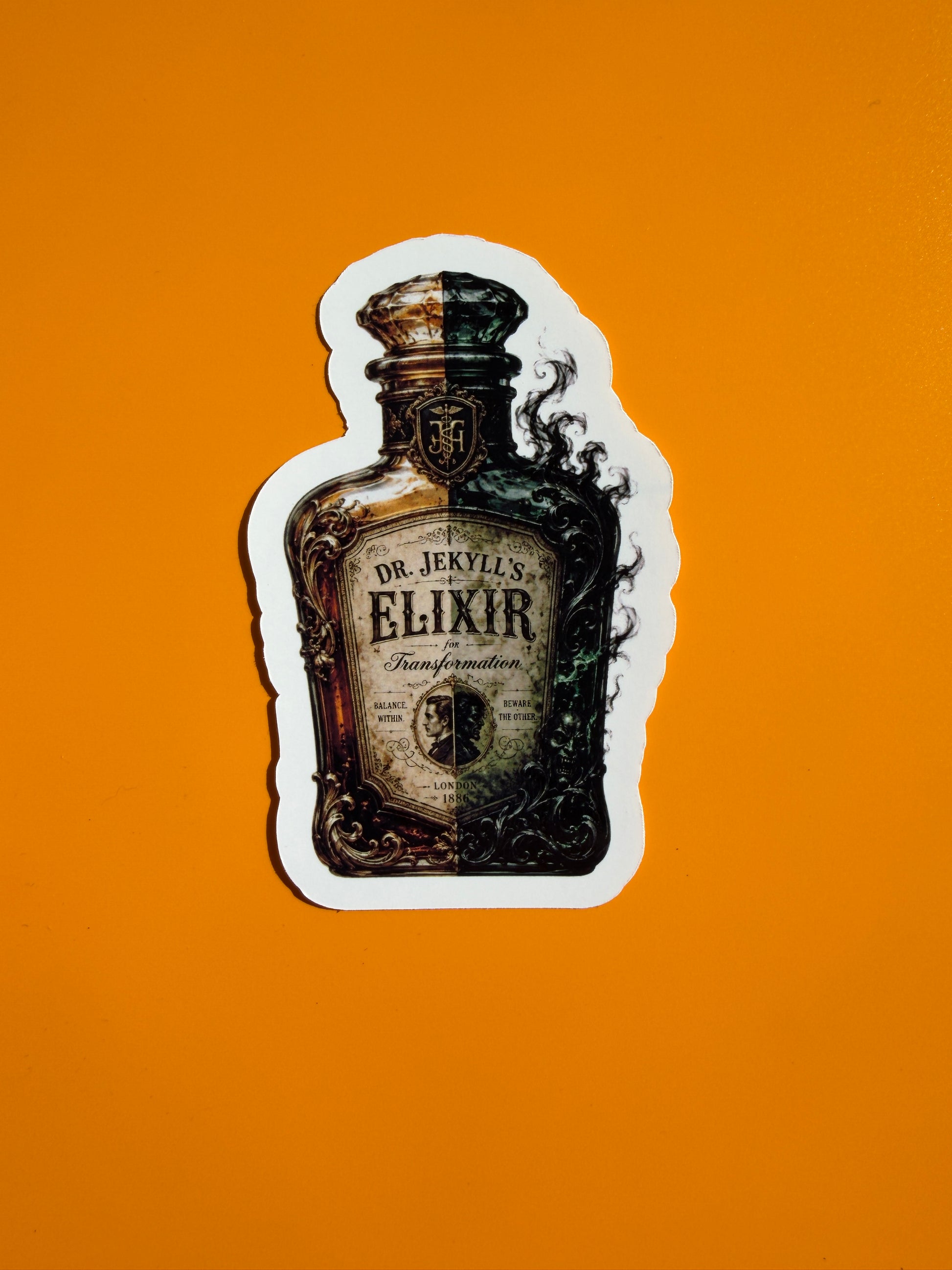 Sticker of a bottle labeled 'Dr. Jekyll's Elixir' on an orange background
