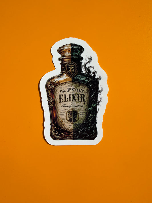 Sticker of a bottle labeled 'Dr. Jekyll's Elixir' on an orange background