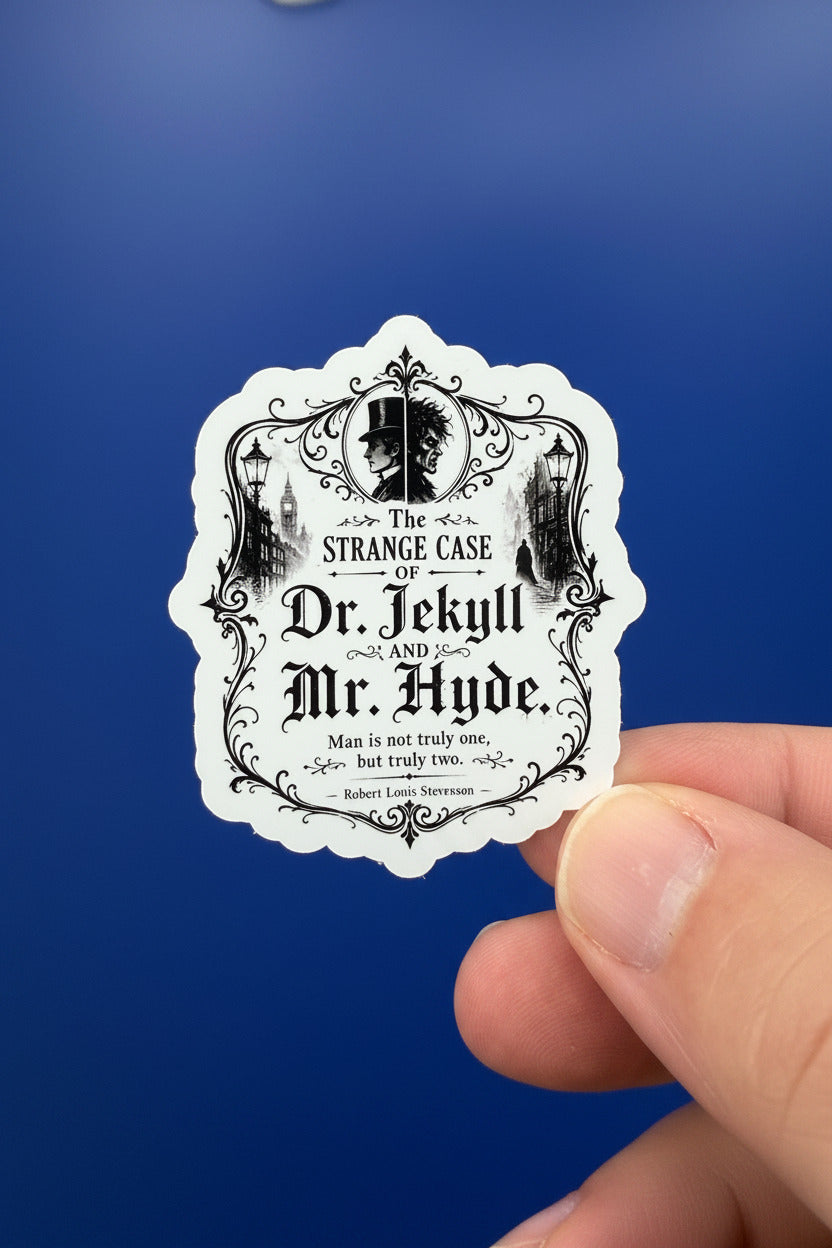 Sticker of 'The Strange Case of Dr. Jekyll and Mr. Hyde' held against a blue background