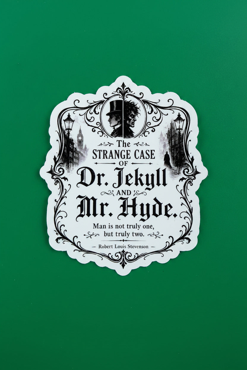 Sticker with 'The Strange Case of Dr. Jekyll and Mr. Hyde' text on a green background