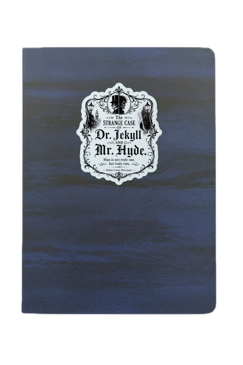 Notebook with 'Dr. Jekyll & Mr. Hyde' label on a blue background