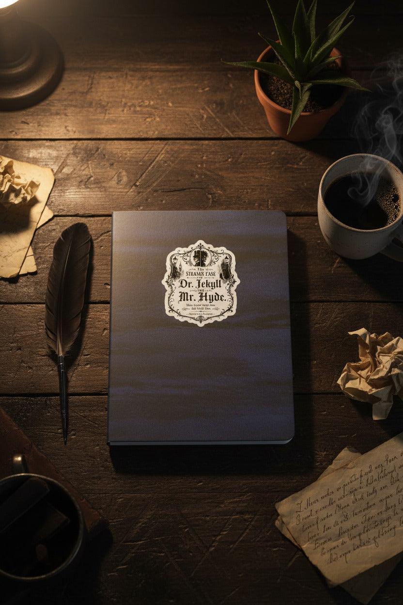 Book titled 'Dr. Jekyll and Mr. Hyde' on a wooden table with a candle, feather, and papers.