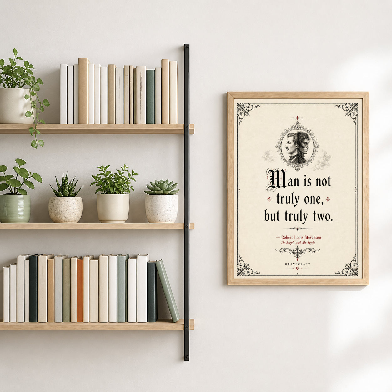 Framed quote on a wall next to a bookshelf with books and plants.