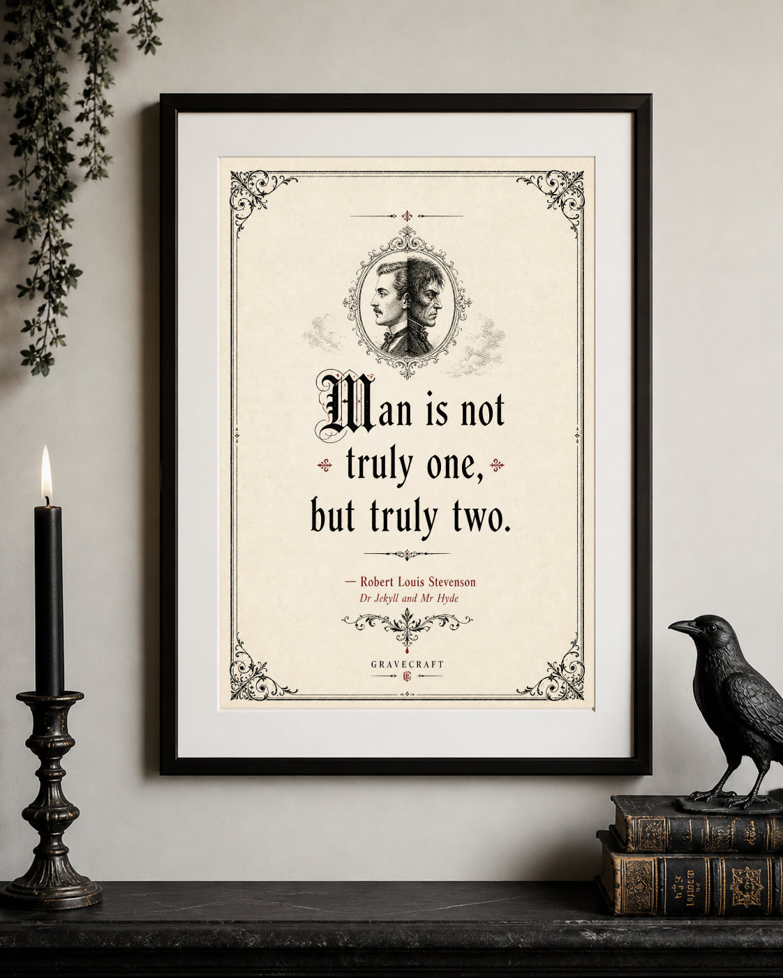 Framed print with a quote by Robert Louis Stevenson on a wall with decorative elements.