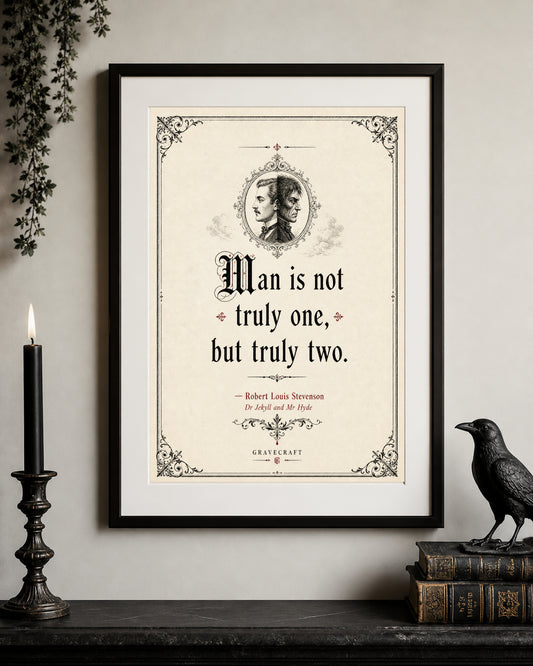 Framed print with a quote by Robert Louis Stevenson on a wall with decorative elements.