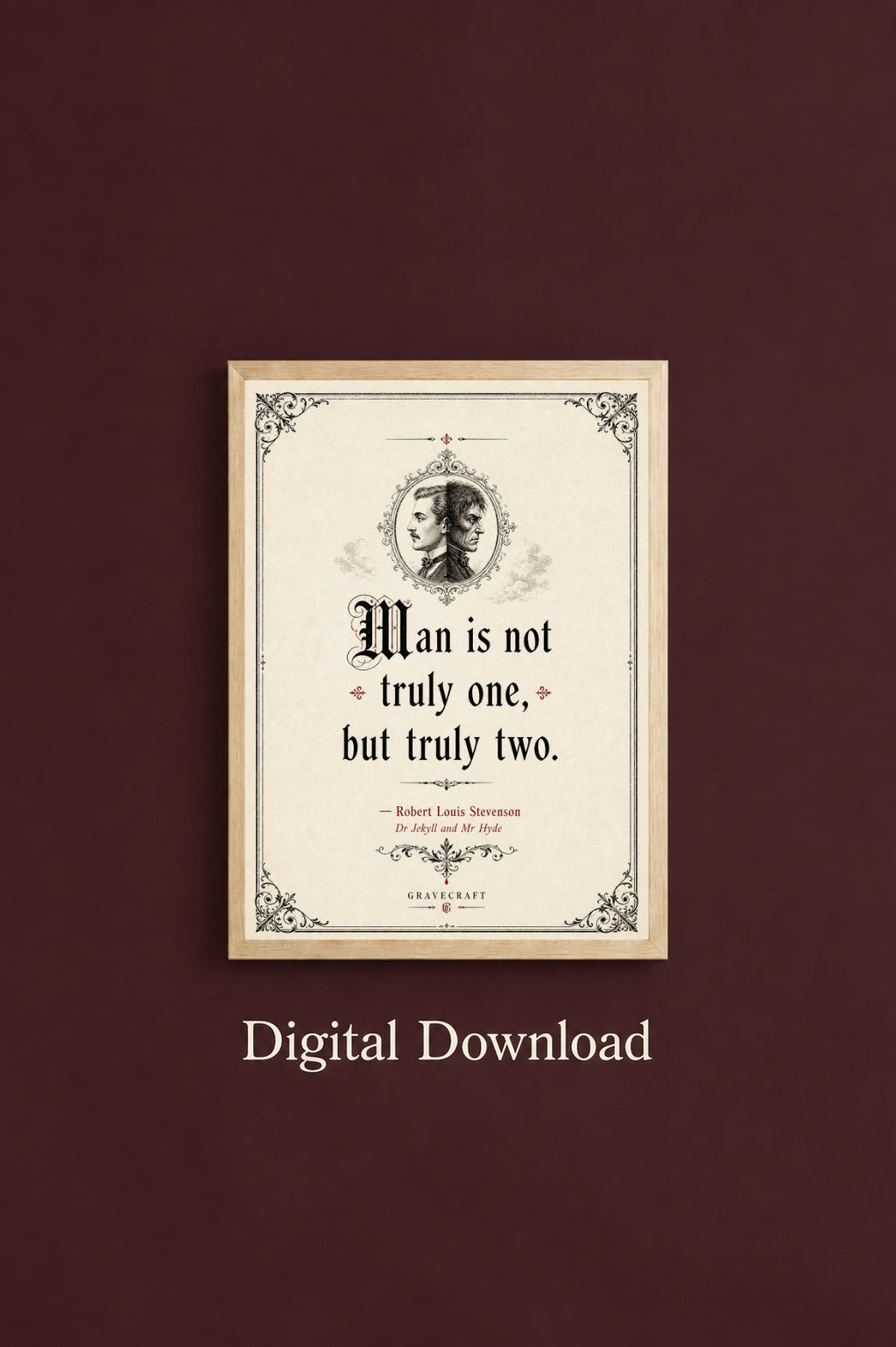 Decorative print with a quote on a dark brown background