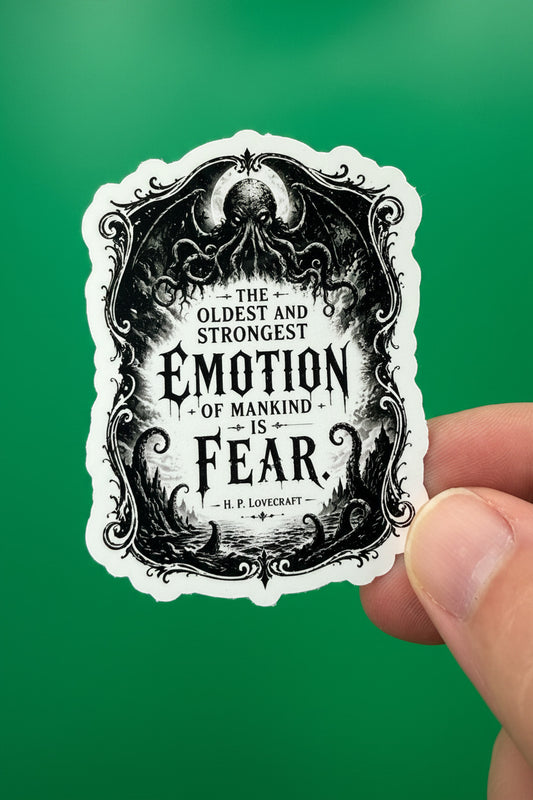 Sticker with H.P. Lovecraft quote on a green background
