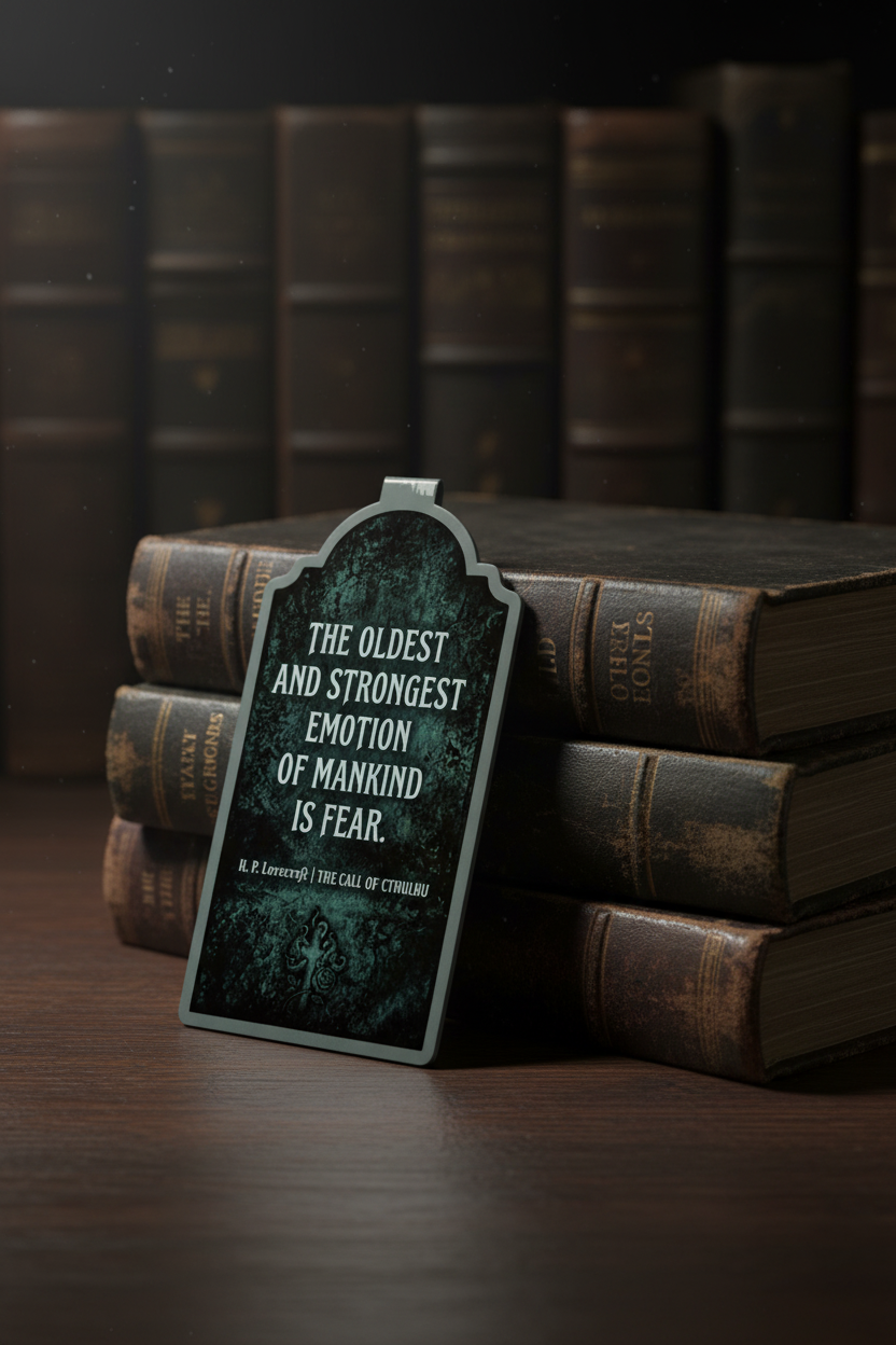 Decorative plaque with a quote on a stack of books with a dark background