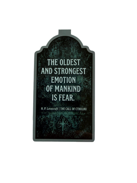 Gothic-style tombstone with H.P. Lovecraft quote on a white background