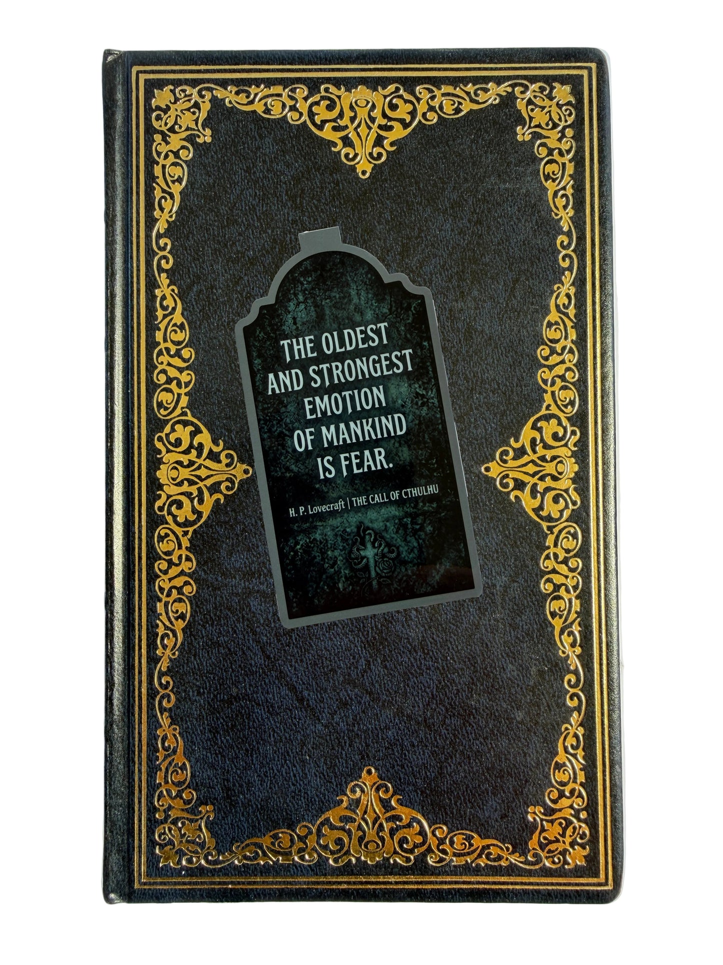 Decorative book cover with ornate gold design and text on a white background