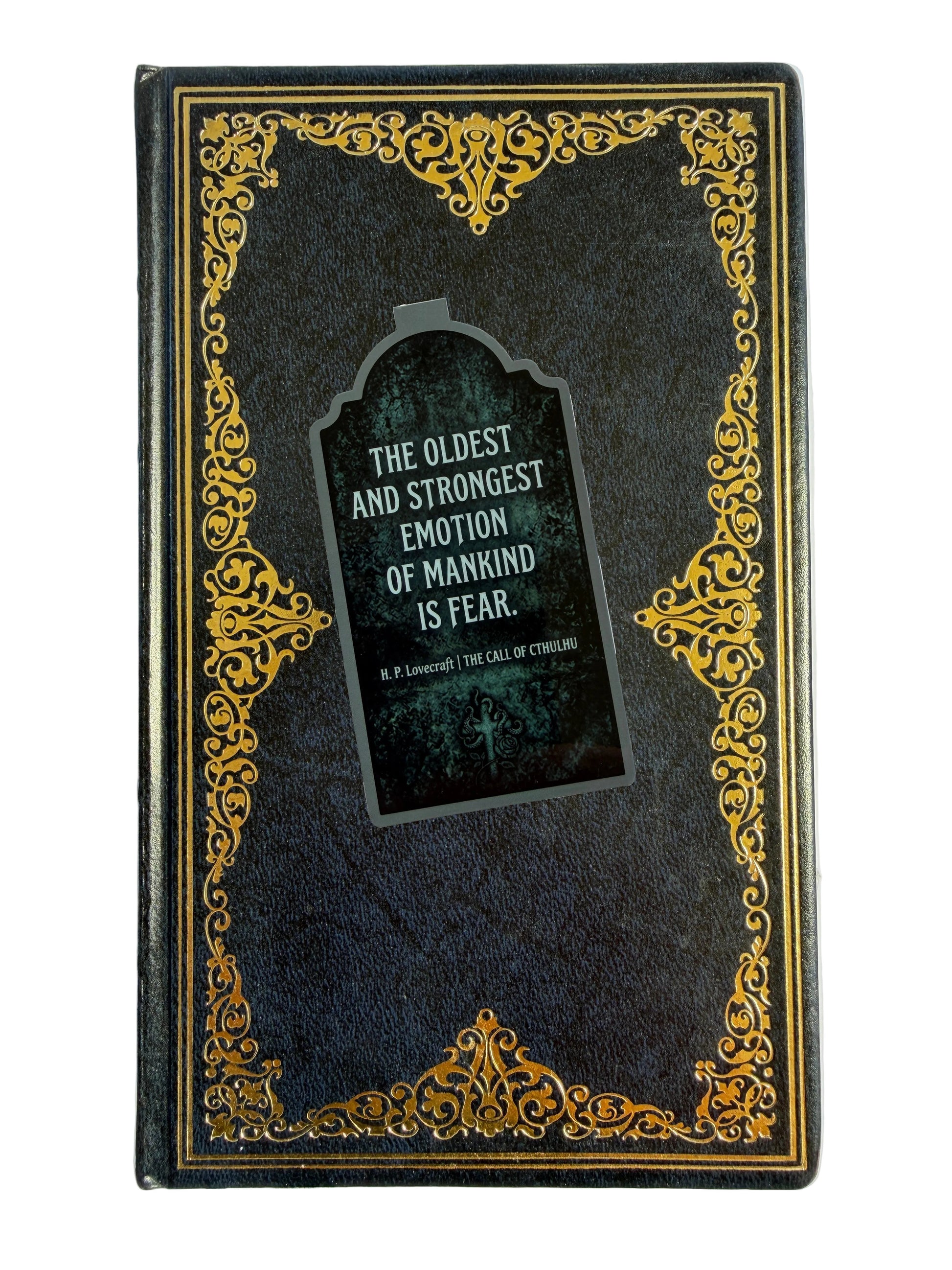 Decorative book cover with ornate gold design and text on a white background