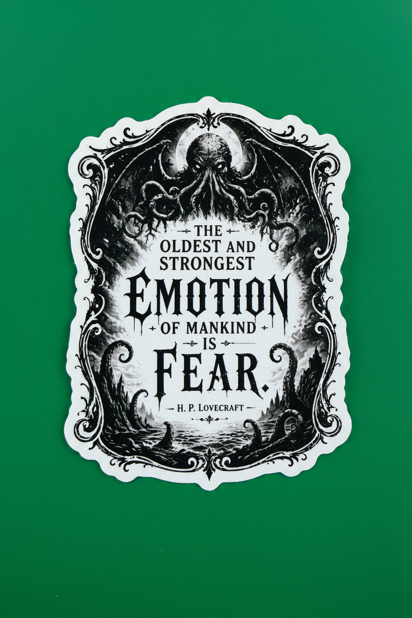 Decorative text sticker with H.P. Lovecraft quote on a green background