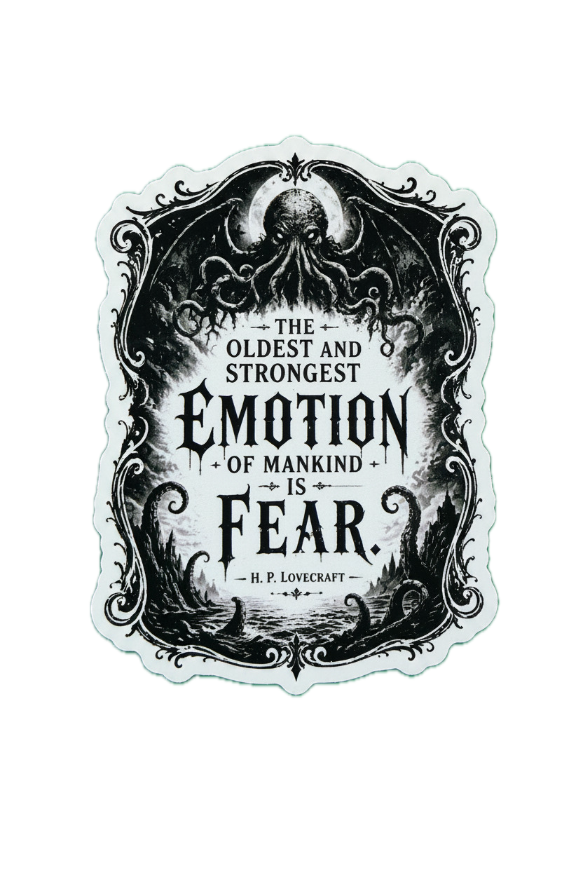 Decorative sticker with H.P. Lovecraft quote on a white background