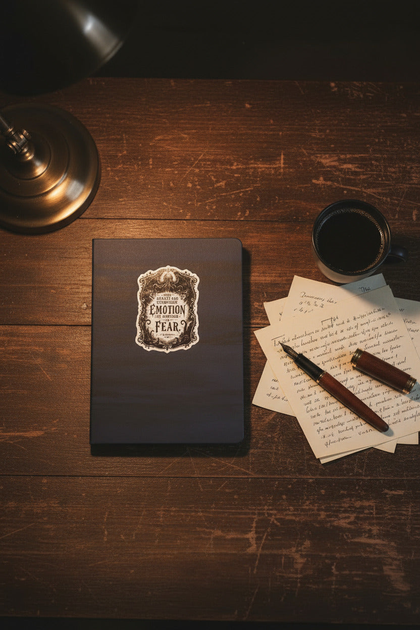 Dark leather notebook with a decorative emblem on a wooden desk with a cup, pen, and papers.