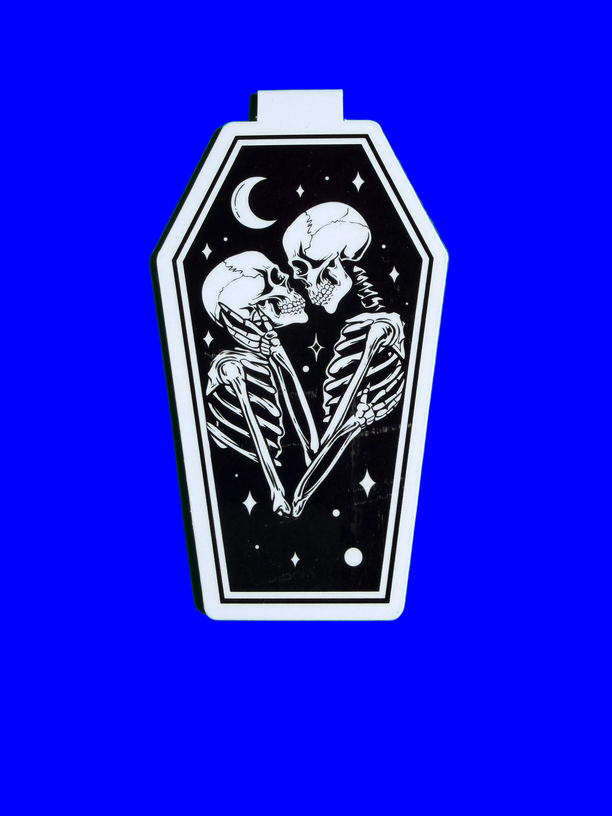 Skeletal couple in a coffin design on a blue background