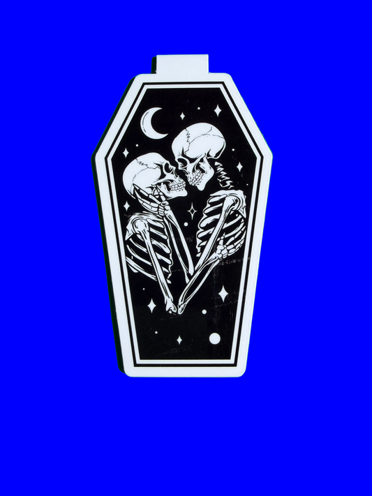 Skeletal couple in a coffin design on a blue background