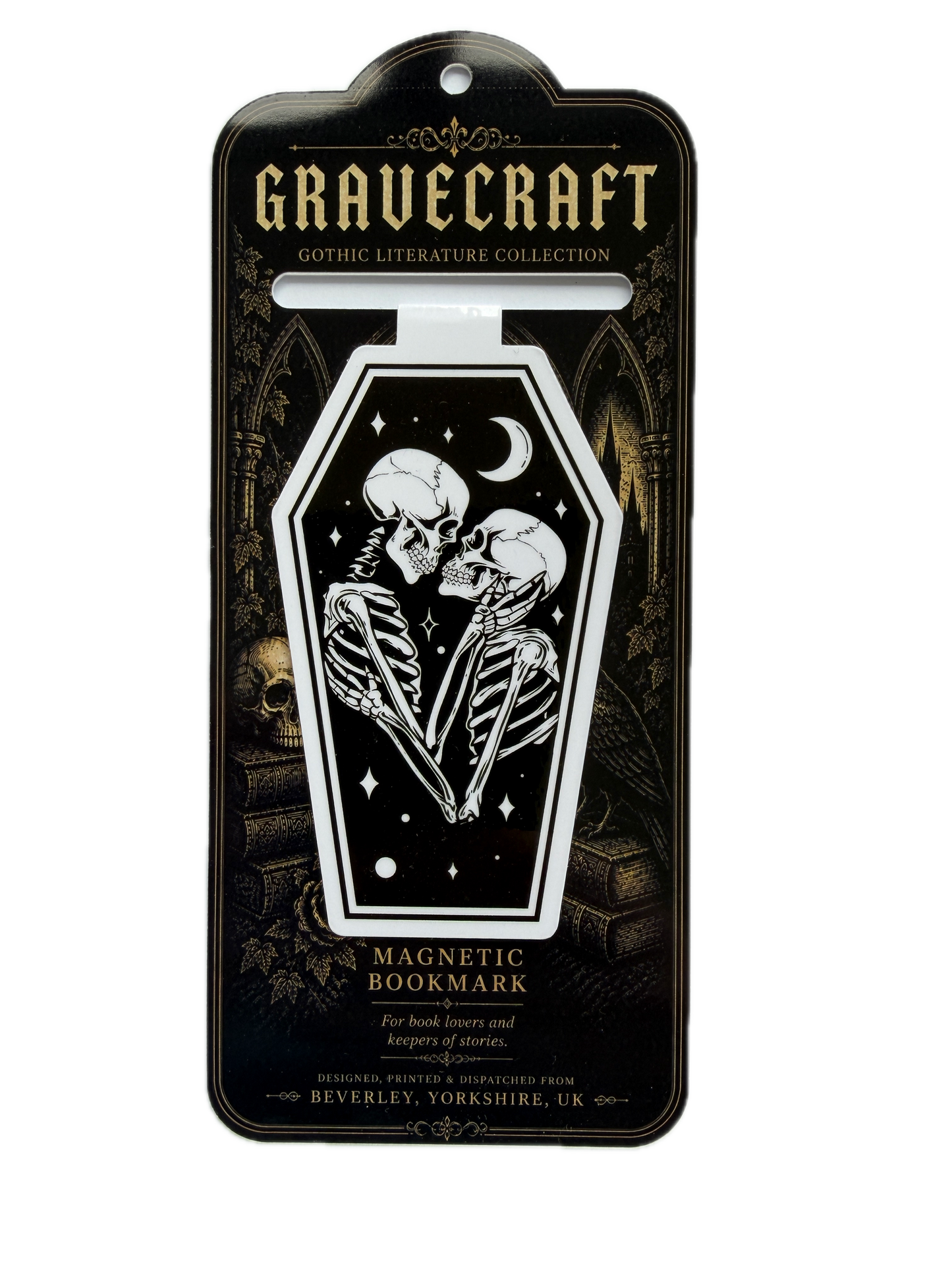 Magnetic bookmark with skeleton design on a black card with 'Gravecraft' branding.