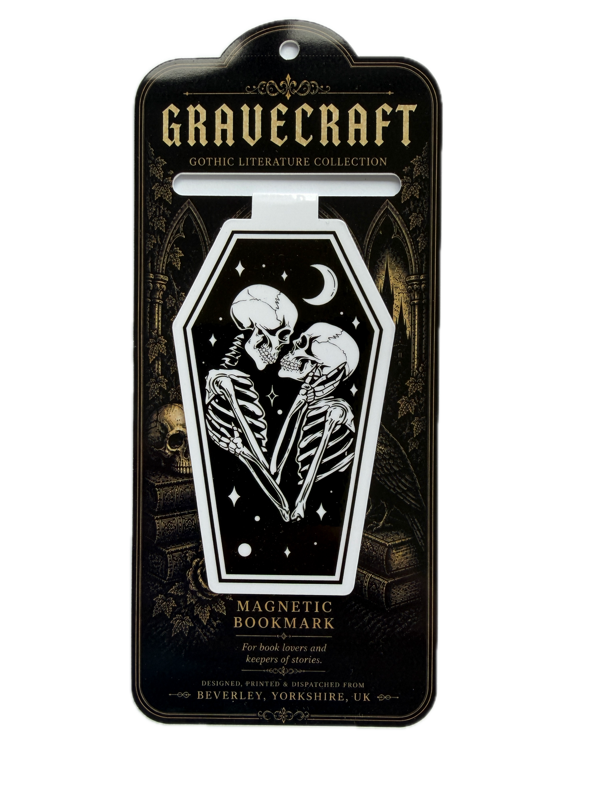 Magnetic bookmark with skeleton design on a black card with 'Gravecraft' branding.