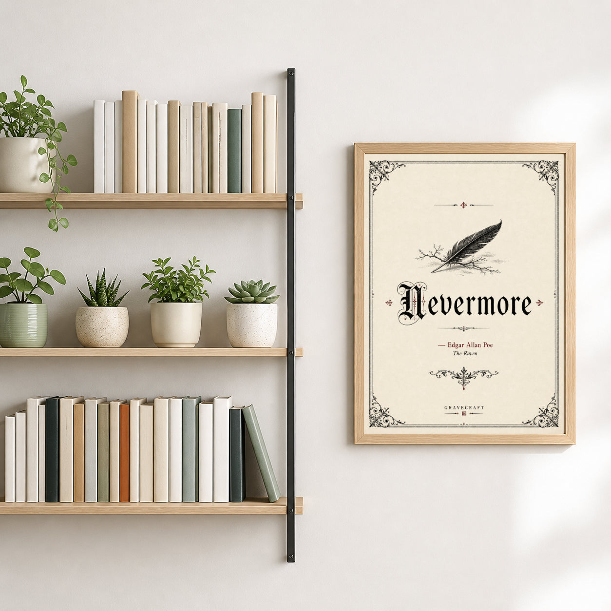 Bookshelf with books and plants next to a framed poster with 'Nevermore' text.