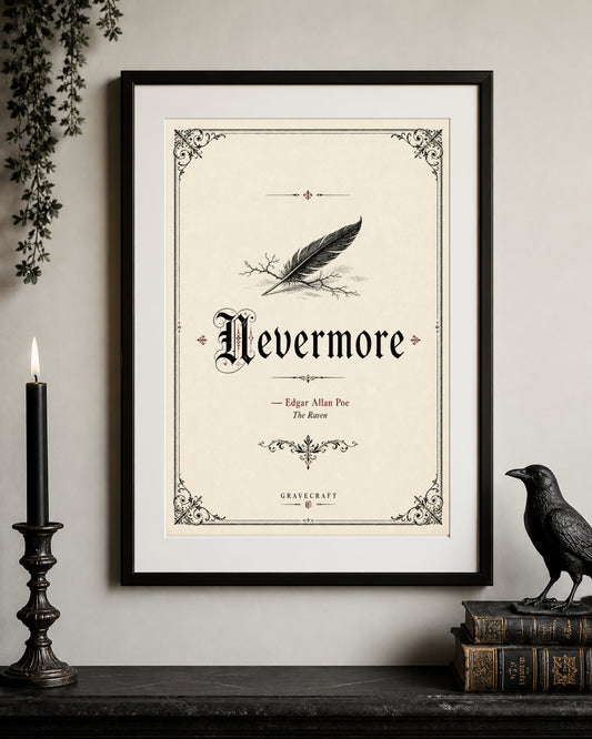 Framed print with 'Nevermore' quote by Edgar Allan Poe on a wall with decorative elements.
