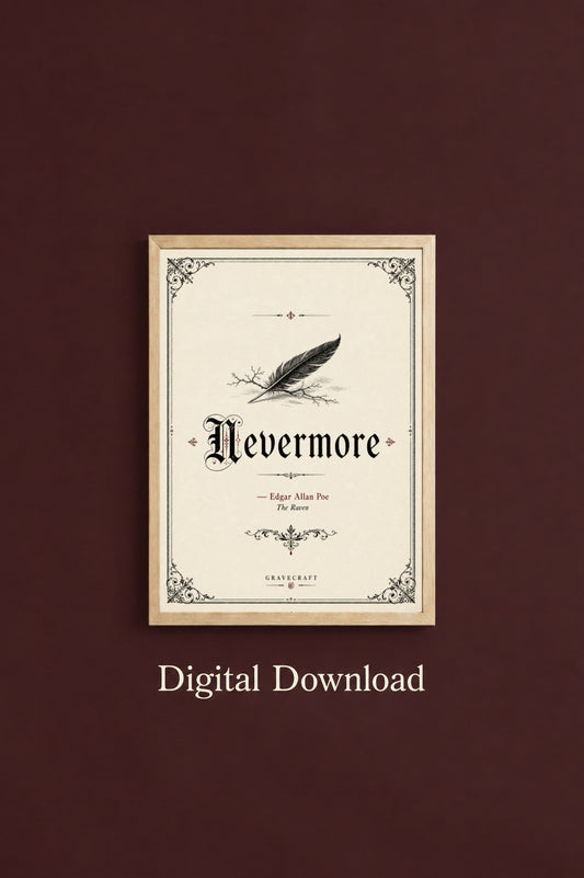 Decorative print with 'Nevermore' text and feather illustration on a brown background, labeled 'Digital Download'.