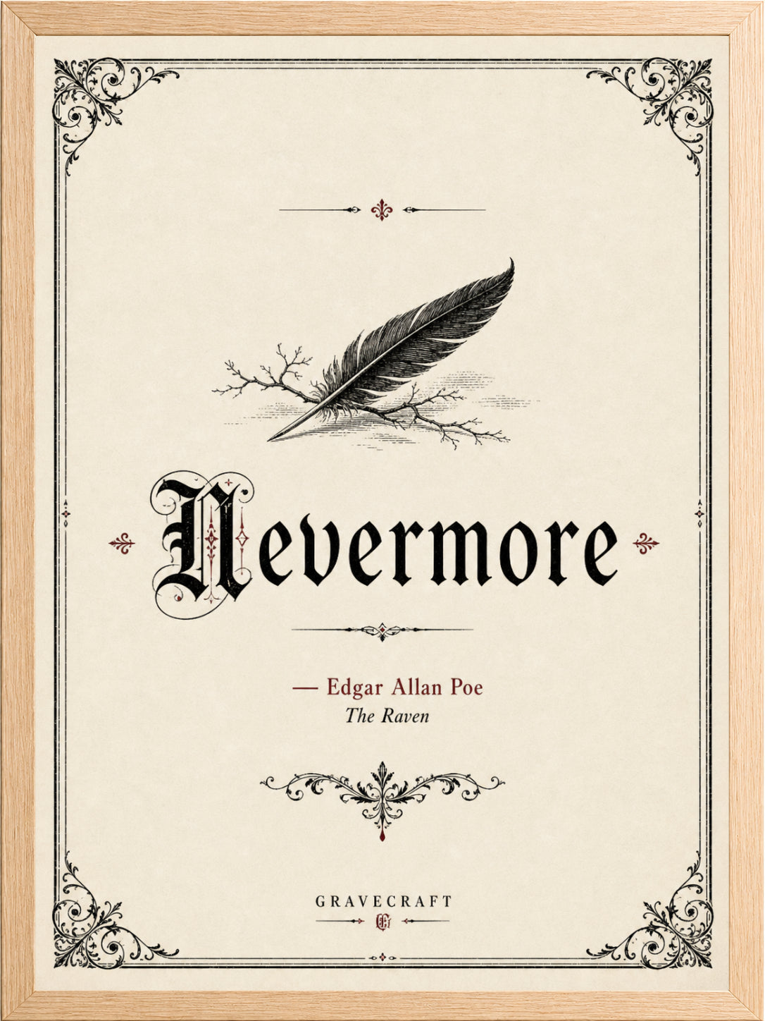 Decorative poster with 'Nevermore' text and feather illustration, framed in wood.