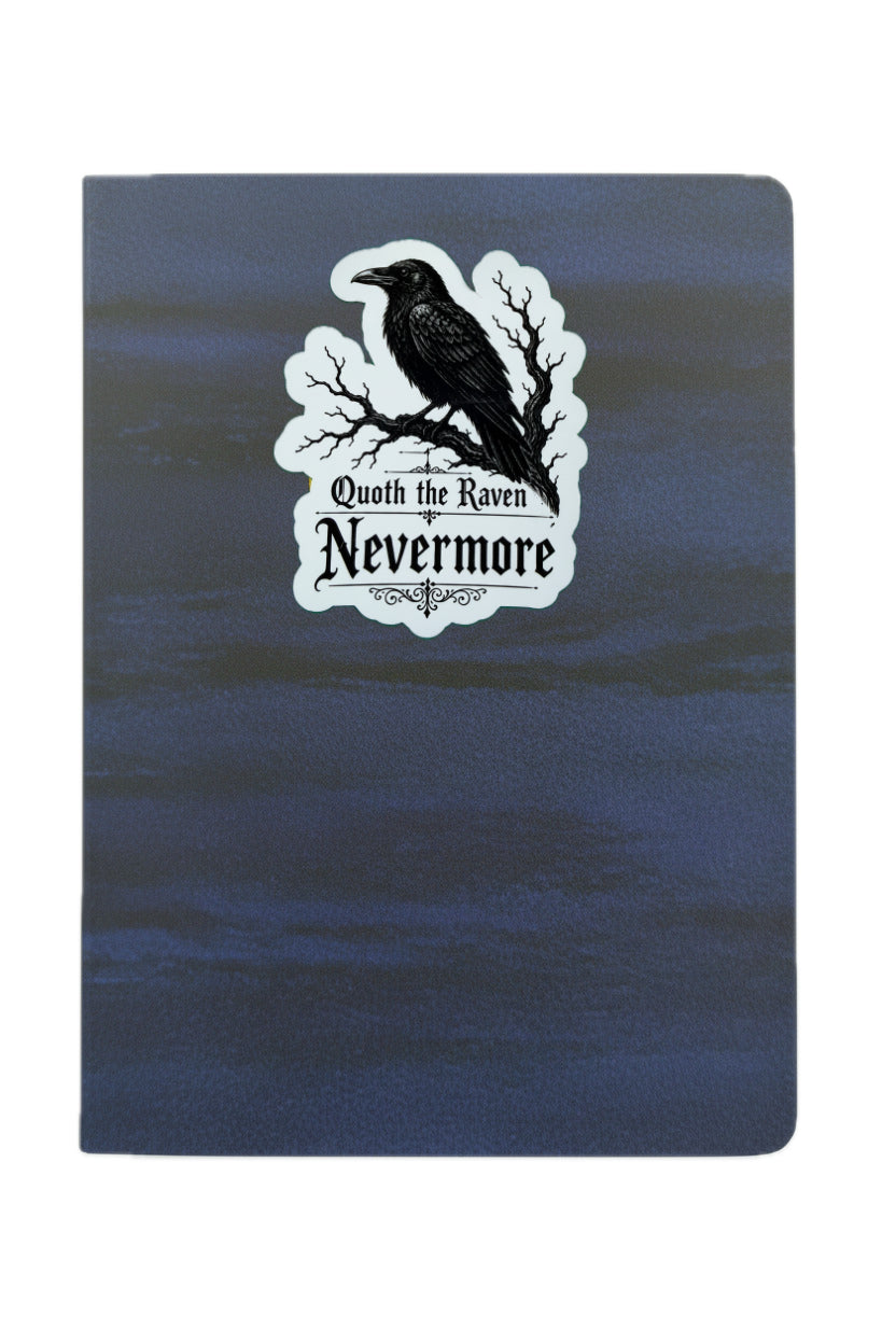 Notebook with a raven and 'Quoth the Raven Nevermore' design on a blue background