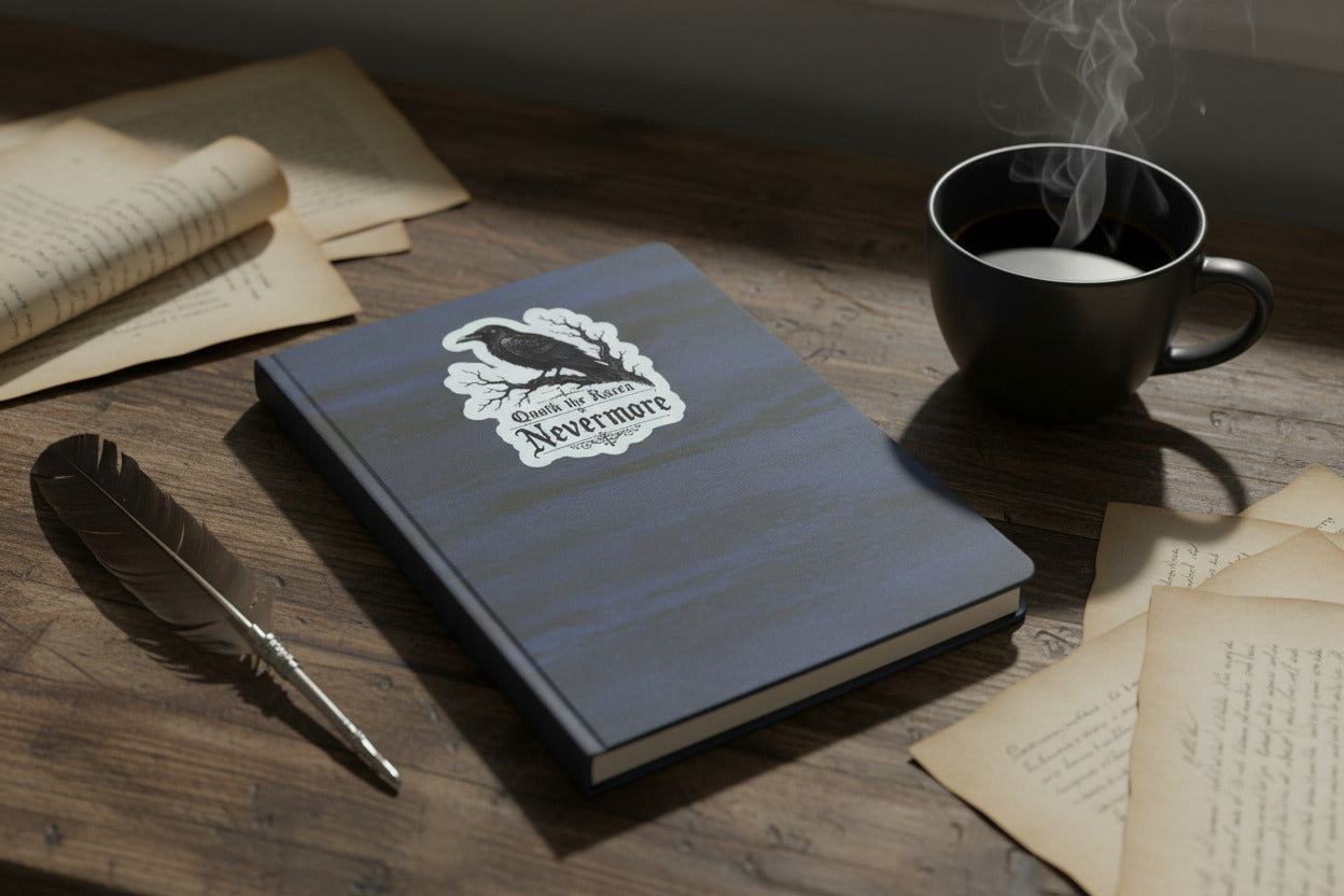 Notebook with a logo, steaming mug, feather pen, and old letters on a wooden surface