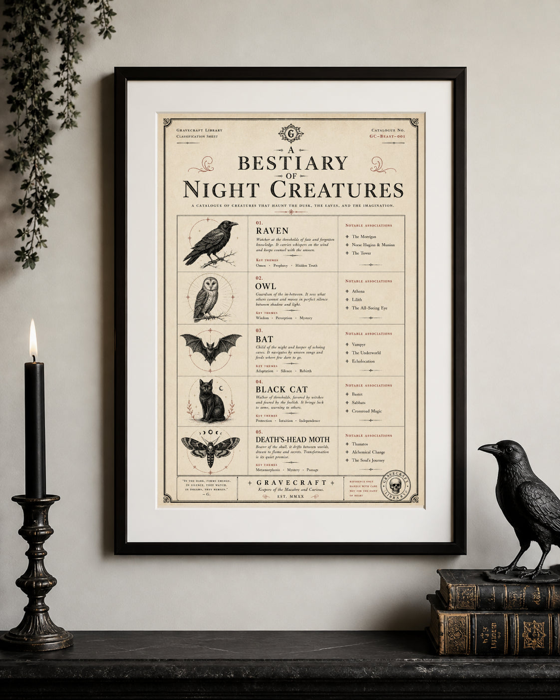 Framed poster titled 'A Bestiary of Night Creatures' on a wall with decorative items.