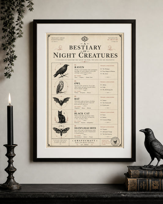 Framed poster titled 'A Bestiary of Night Creatures' on a wall with decorative items.
