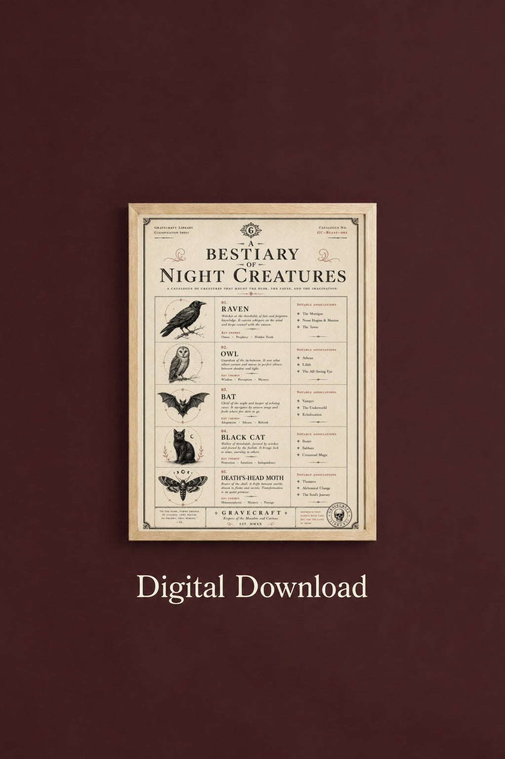 Framed bestiary of night creatures on a brown background with 'Digital Download' text.