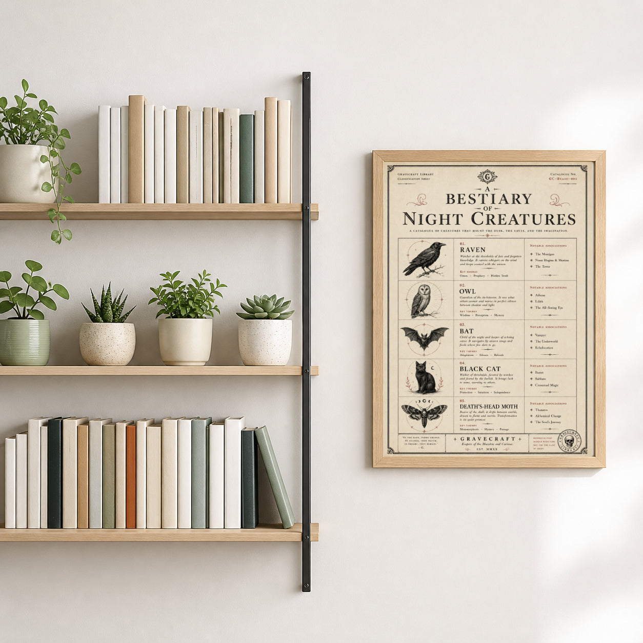 Shelving unit with books and plants next to a framed poster on a wall.