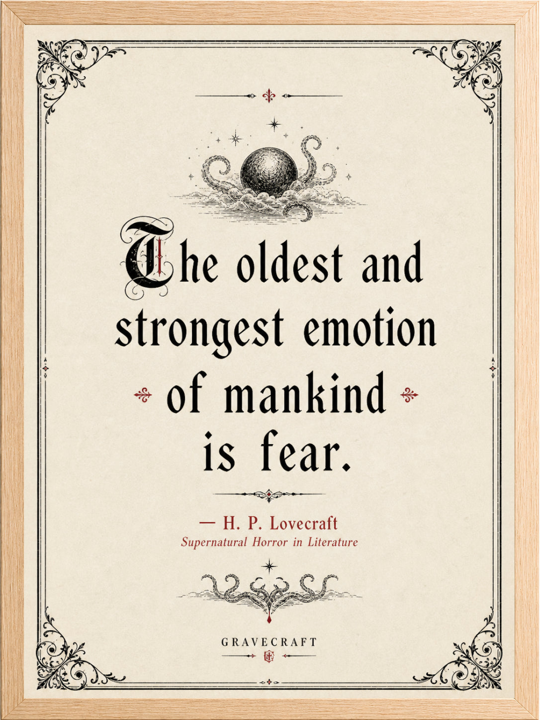 Framed quote by H.P. Lovecraft about fear with decorative elements.