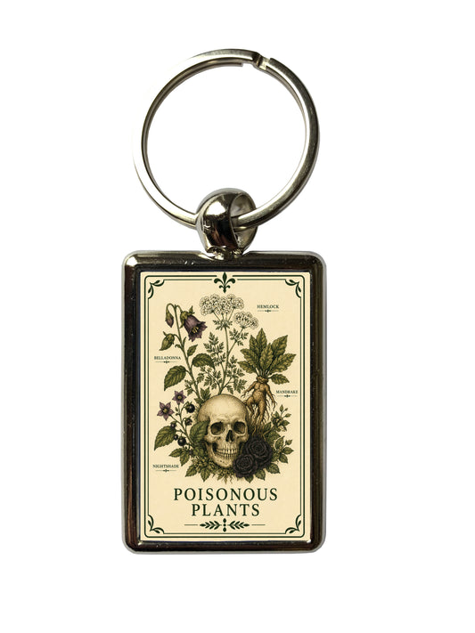 Keychain with vintage-style illustration of a skull and poisonous plants on a beige background.