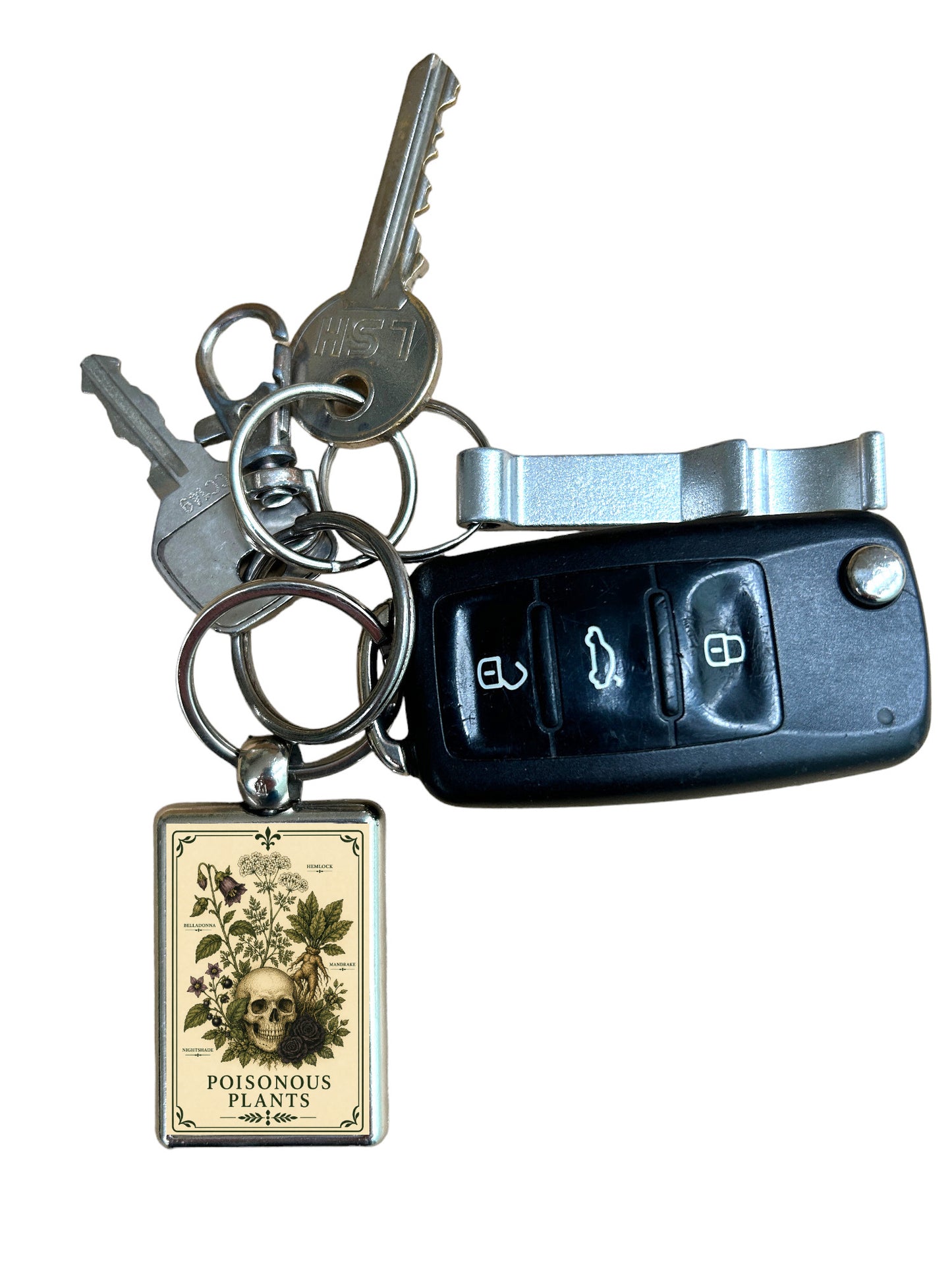 Keychain with a 'Poisonous Plants' label and car keys on a white background
