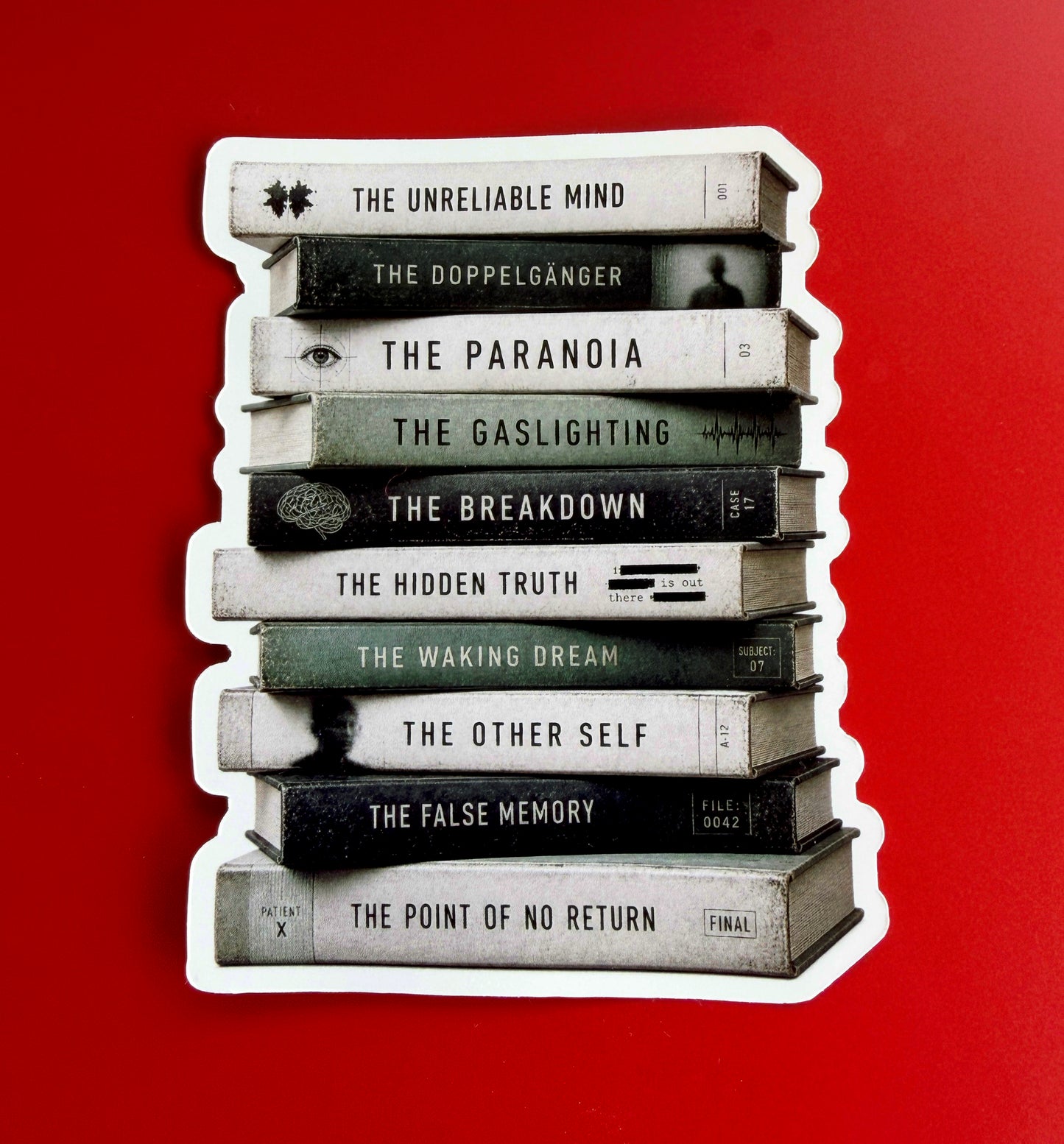Stack of books with titles on a red background