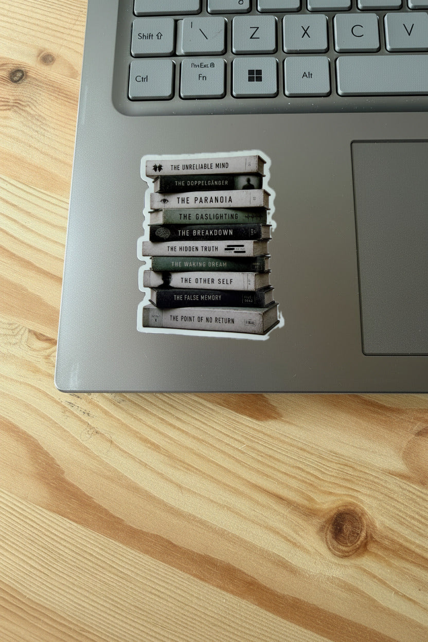 Stack of books with titles on a laptop on a wooden surface