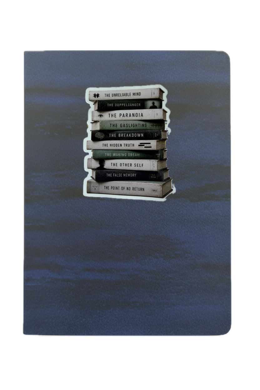 Stack of books with titles on a blue background