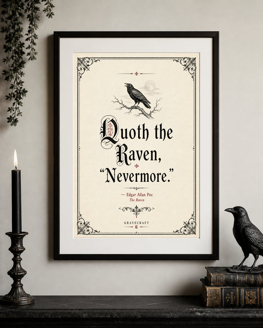 Framed quote 'Quoth the Raven, Nevermore' on a wall